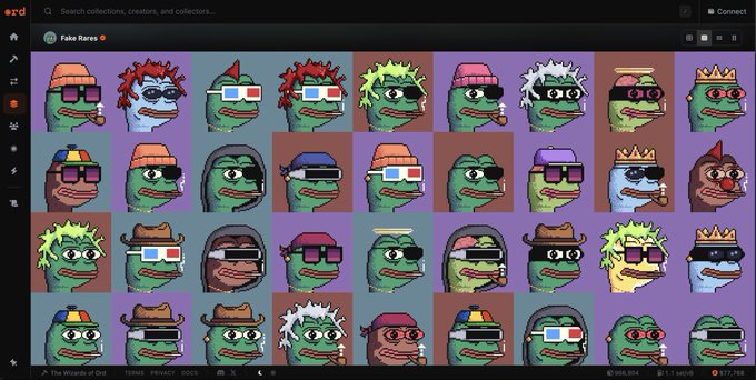 A grid display of various Pepe the Frog NFT character variations from a 'Fake Rares' collection on a marketplace, featuring different hats, glasses, and accessories.