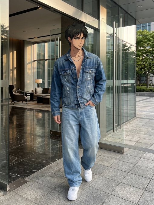An anime-style illustration of a young man with dark hair wearing a denim jacket and jeans, standing in front of a modern glass building.