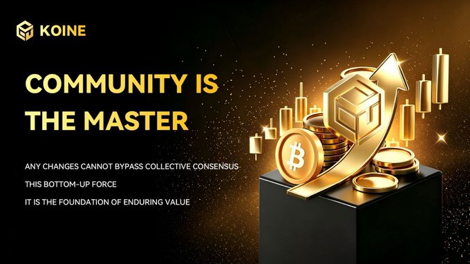 A promotional graphic for KOINE states 'COMMUNITY IS THE MASTER' alongside imagery of a Bitcoin token, gold coins, and an upward chart trend.