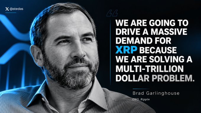 A quote graphic featuring Brad Garlinghouse, CEO of Ripple, with the text: 'WE ARE GOING TO DRIVE A MASSIVE DEMAND FOR XRP BECAUSE WE ARE SOLVING A MULTI-TRILLION DOLLAR PROBLEM.'