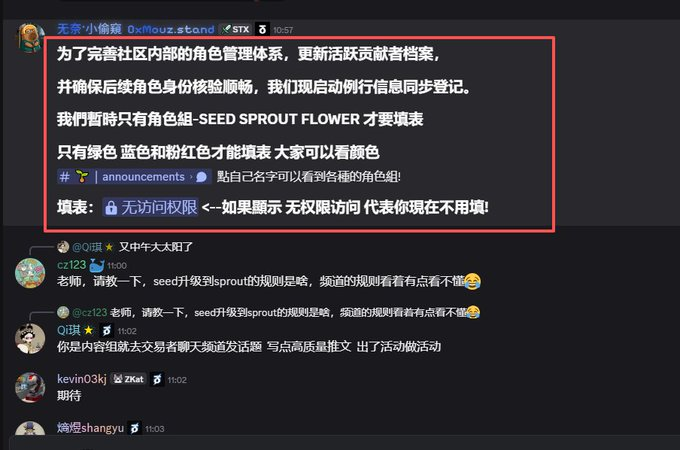 A Discord announcement from "0x小偷寢/0xMouz.stand" (STX) outlines a role-based airdrop registration system where only SEED, SPROUT, and FLOWER role holders (green, blue, and pink) need to fill out the form, with an access lock indicating if users see "No Access" they don't need to apply. Below, users "cz123," "Q琪琪," "kevin03kj," and "嗨煜shangyu" discuss the SEED-to-SPROUT upgrade rules and anticipation of the upcoming TGE event for the StandX project.
