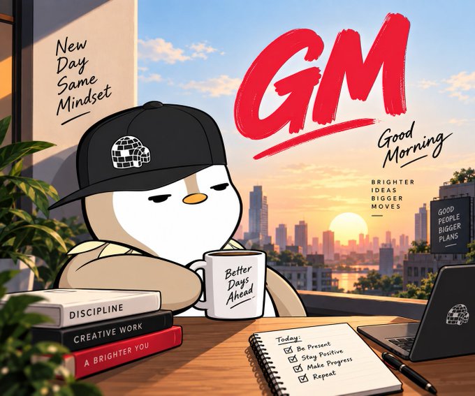 A penguin wearing a cap sits at a desk with a "Better Days Ahead" mug, books titled "Discipline," "Creative Work," and "A Brighter You," and a notebook listing tasks like "Be Present" and "Stay Positive," all set against a sunrise cityscape with bold "GM (Good Morning)" lettering—perfectly embodying the post's message of fresh starts, focused mindset, and consistent growth.