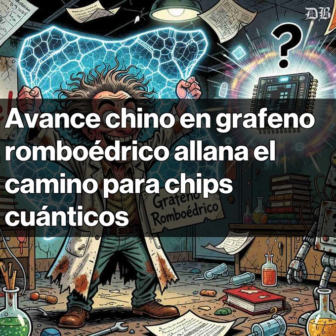 Cartoon-style illustration of a mad scientist holding a glowing blue rhombohedral graphene structure in a cluttered lab, with Spanish text overlay reading 'Avance chino en grafeno romboédrico allana el camino para chips cuánticos'.