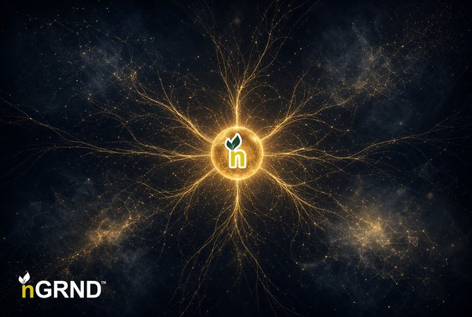 A stylized 'nGRND' logo featuring a golden glowing circular emblem with a leaf 'n' design against a dark cosmic background with lightning-like energy patterns.