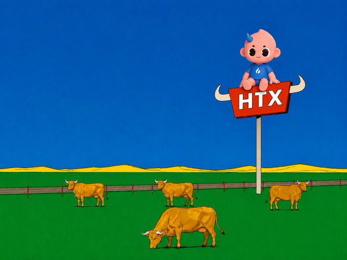 A colorful illustration showing a baby character with a small blue tuft of hair sitting on top of an 'HTX' signpost in a green pasture with brown cows grazing under a deep blue sky.