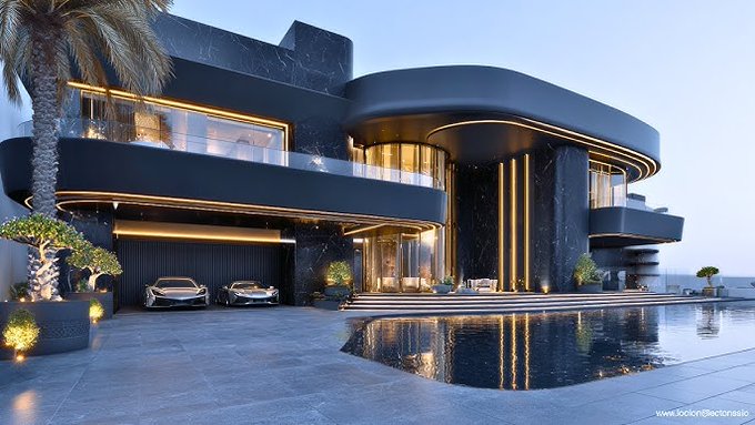 Modern luxury black mansion with curved architecture, marble finishes, illuminated vertical light strips, two sports cars parked in the driveway, and a reflective pool in the foreground at dusk.