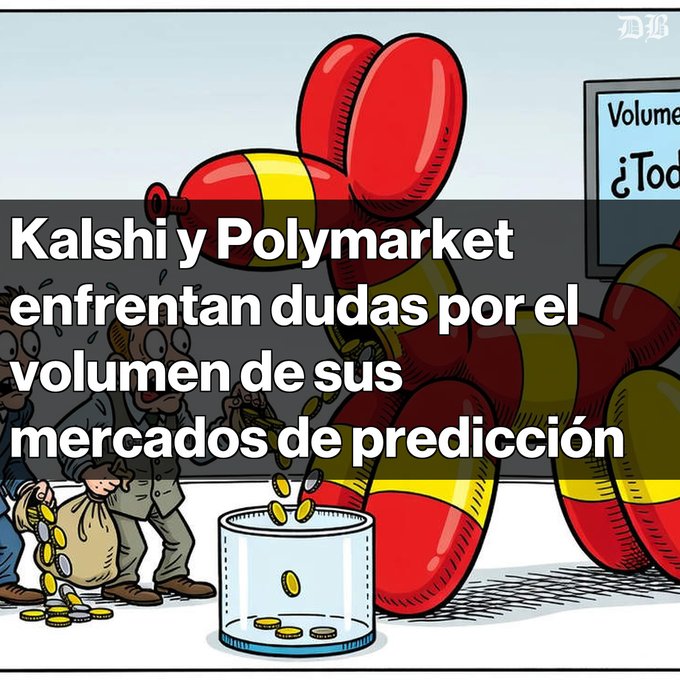 A political cartoon from The Economist showing people depositing money into a jar in front of a large red and yellow balloon animal, with the Spanish caption "Kalshi y Polymarket enfrentan dudas por el volumen de sus mercados de predicción".