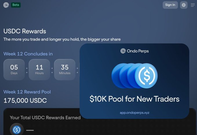 A screenshot of the Ondo Perps beta website displaying 'USDC Rewards' with a countdown showing Week 12 concludes in 05 days, 11 hours, 35 minutes, and a $10K Pool for New Traders promotion.