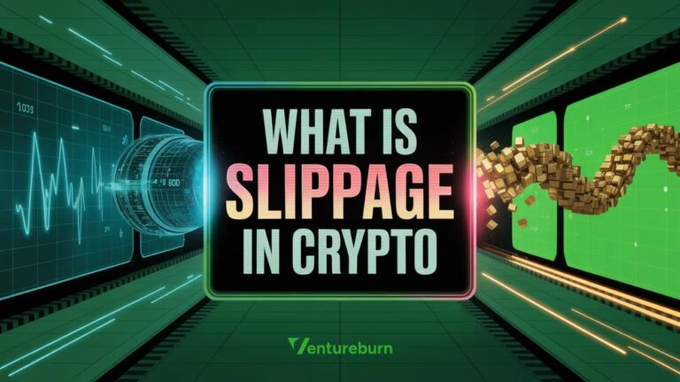 The image features two screens side by side that display different versions of a video game or crypto-related visual, which are labeled "slippery" on one screen and "slippage in crypto" on the other. The text on these screens suggests an explanation of what slippage is and how it can negatively impact crypto trading strategies.