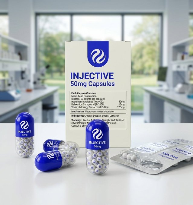 A product shot of 'INJECTIVE 50mg Capsules', described as a Neurotransmitter Modulator, shown in a box, blister pack, and loose capsules in a laboratory setting.