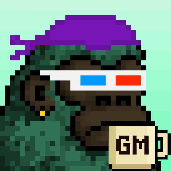 Pixel art image of a character wearing a purple nightcap and pixelated sunglasses, holding a mug with 'GM' written on it.