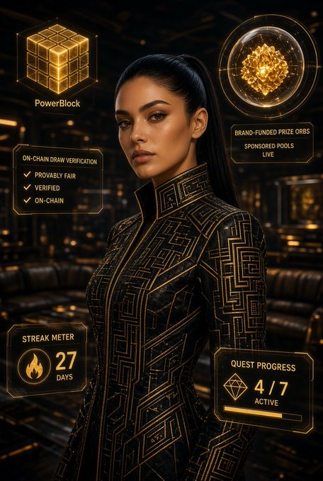 A digital artwork of a woman in an ornate black and gold outfit surrounded by gamified UI elements including 'PowerBlock', 'Brand-Funded Prize Orbs', 'Streak Meter' showing 27 days, and 'Quest Progress' at 4/7 active.