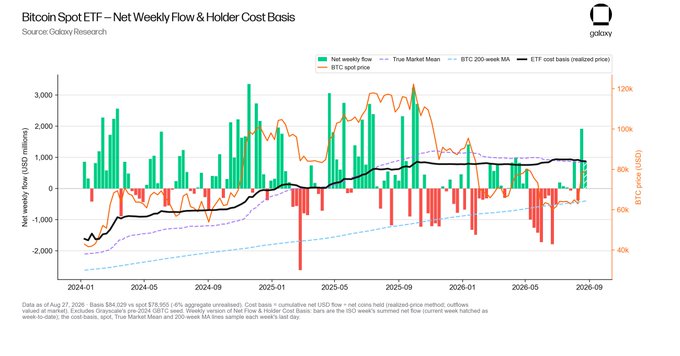 A chart titled 'Bitcoin Spot ETF – Net Weekly Flow & Holder Cost Basis' from Galaxy Research, showing net weekly flow bars, BTC spot price, True Market Mean, BTC 200-week MA, and ETF cost basis from 2024 to 2026.
