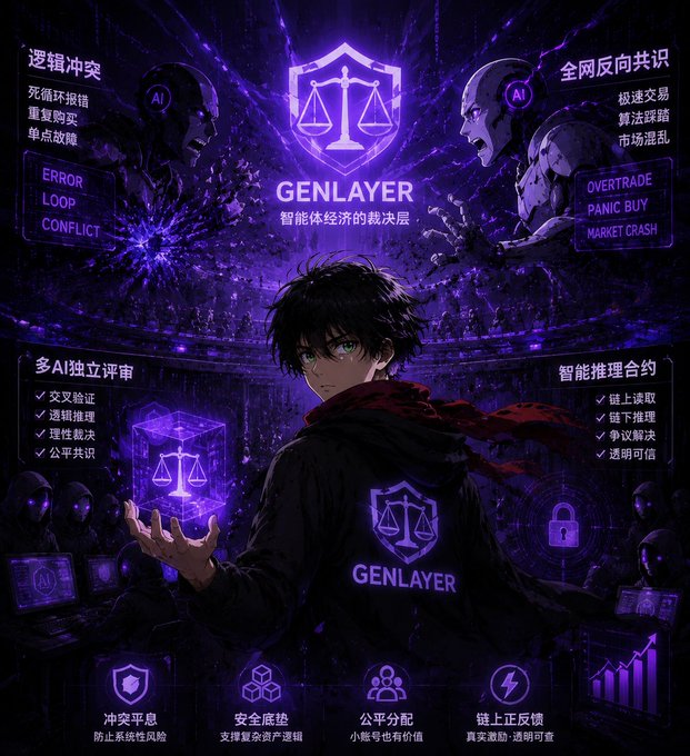 An anime-style character wearing a "GENLAYER" jacket holds a glowing purple holographic cube displaying a balance scale, set against a dark backdrop featuring the GenLayer logo flanked by two robotic AI heads and surrounded by Chinese text highlighting features like "逻辑冲突" (Logic Conflict), "全网反向共识" (Network-Wide Reverse Consensus), and "智能推理合约" (Intelligent Reasoning Contracts).

The image visually reinforces the post's message by symbolizing GenLayer as the "intelligence economy's arbitration layer" (智能体经济的裁决层), where the central figure holding the scales of justice represents taking an early, hands-on position via the community portal before the project matures.