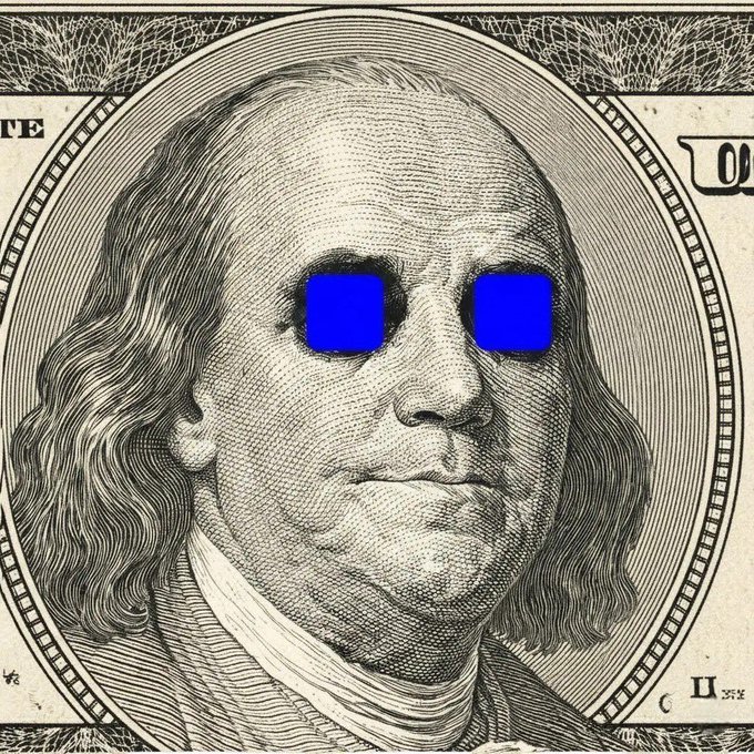 A close-up of a US one hundred dollar bill featuring Benjamin Franklin, edited to wear bright blue sunglasses.