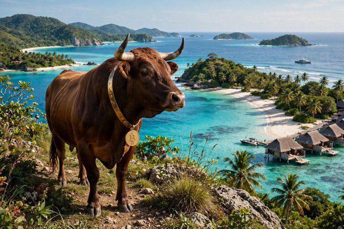 A determined brown bull wearing a gold collar with an emblem stands on a rocky cliff overlooking a stunning tropical island paradise with turquoise waters and overwater bungalows, embodying the bold, unstoppable spirit of "BULLIEVE IN YOURSELF."