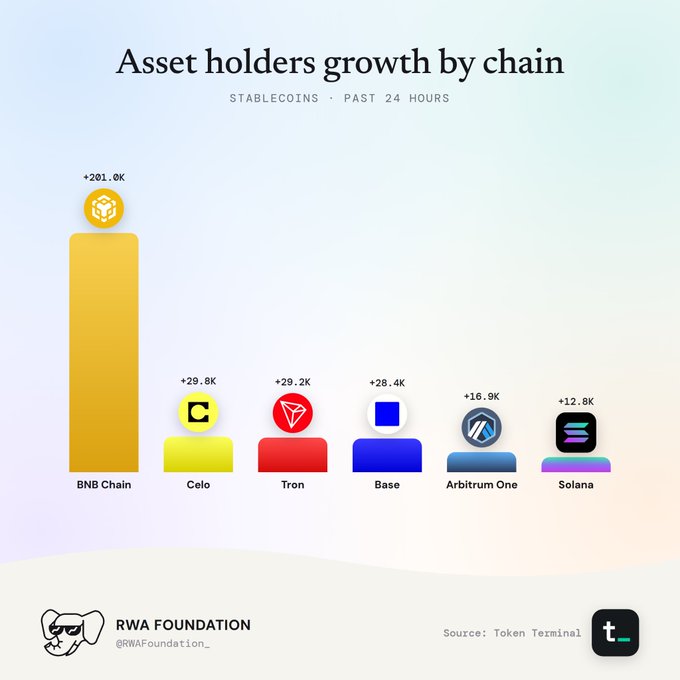 A bar chart titled 'Asset holders growth by chain' showing stablecoin growth over the past 24 hours: BNB Chain (+201.0K), Celo (+29.8K), Tron (+29.2K), Base (+28.4K), Arbitrum One (+16.9K), and Solana (+12.8K), credited to RWA Foundation and sourced from Token Terminal.