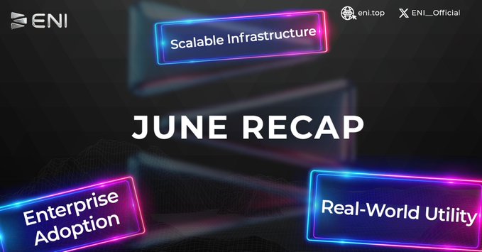 A promotional graphic titled 'JUNE RECAP' for ENI (eni.top), featuring neon-lit boxes highlighting 'Scalable Infrastructure,' 'Enterprise Adoption,' and 'Real-World Utility.'
