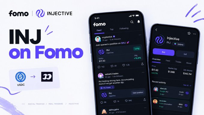 A promotional graphic showing two smartphones displaying the 'fomo' app with 'INJ on Fomo' text, featuring Injective (INJ) trading at $17.43 and a USDC to token swap icon.