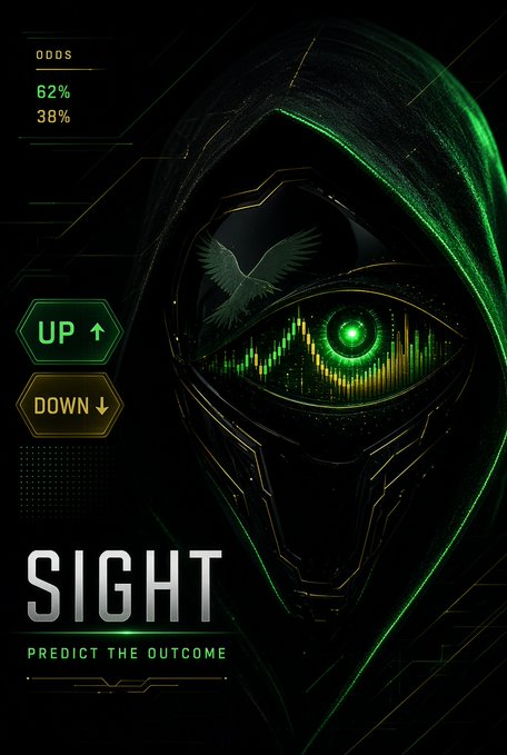 A green and black cyberpunk-style graphic features a hooded figure with a glowing eye displaying a sound wave, labeled 'SIGHT' and 'PREDICT THE OUTCOME' with UP and DOWN indicators.