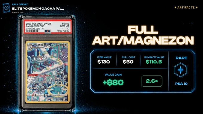 Screenshot showing a 'FULL ART/MAGNEZON' Pokémon card pack opening with item value $130, pull cost $50, value gain +$80.