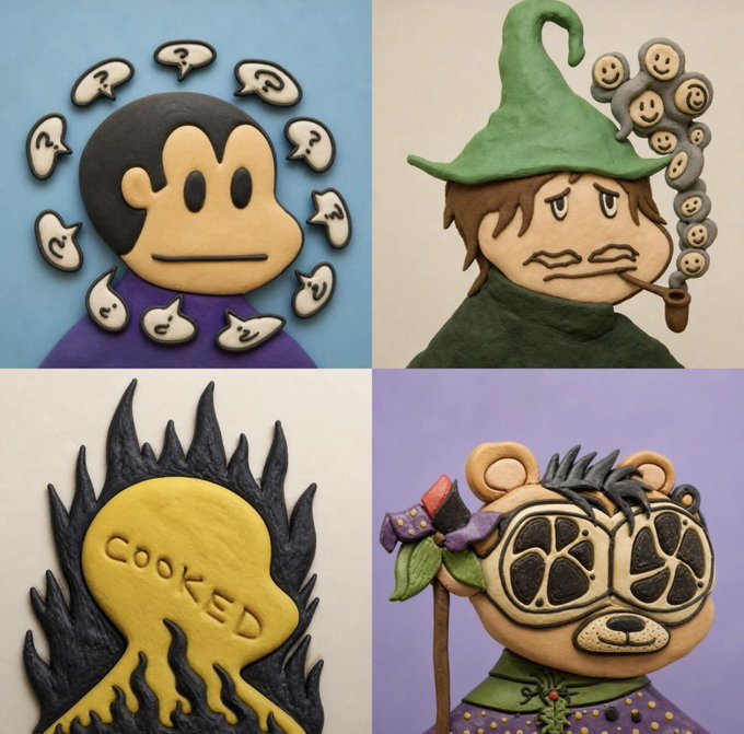 Four clay figurines in a grid: a confused monkey surrounded by question marks, a sad scarecrow with a green pointed hat and pipe, a flaming yellow skull with 'COOKED' written on it, and a teddy bear wearing lemon-slice glasses.