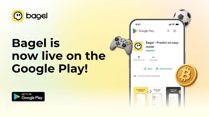 A promotional graphic for the 'bagel' app announcing 'Bagel is now live on the Google Play!' with the Google Play listing visible alongside a game controller, soccer ball, and Bitcoin.