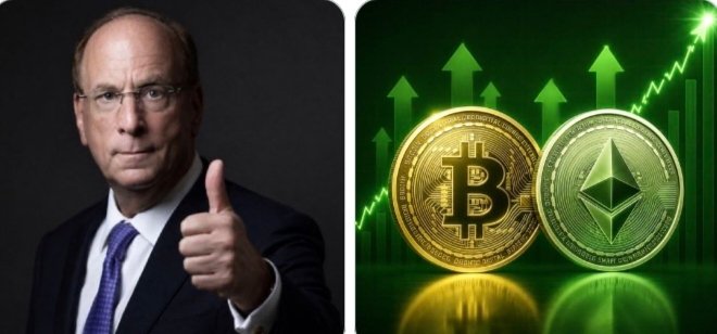 The image features a man in a suit giving a thumbs-up alongside graphics of Bitcoin and Ethereum coins with rising green arrows, visually reinforcing the post's message about BlackRock's significant $284.7M Bitcoin and $122.1M Ethereum accumulation as institutional "big money" positions itself in crypto.