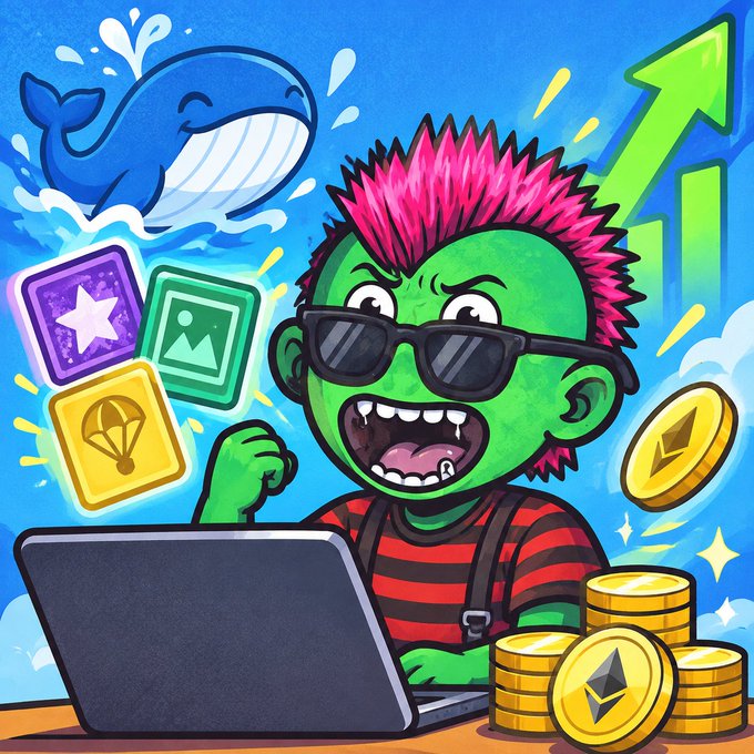 A cartoon illustration of a green-skinned character with a pink mohawk and sunglasses excitedly looking at a laptop, surrounded by crypto-related imagery including a whale, rising green arrows, NFT icons, and stacks of Ethereum coins.