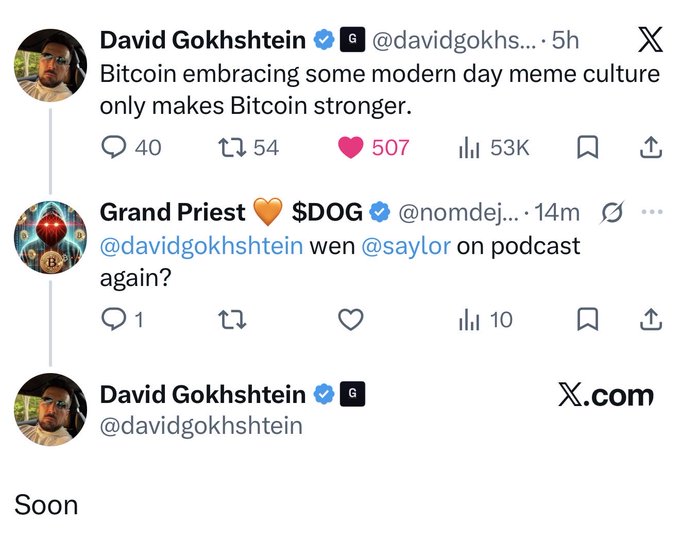 Twitter/X exchange between David Gokhshtein and Grand Priest $DOG about Bitcoin meme culture, with Gokhshtein replying "Soon" to a question about a podcast with @saylor.