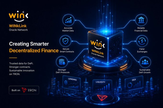A promotional graphic for 'WINkLink Oracle Network' titled 'Creating Smarter Decentralized Finance,' highlighting Accurate Market Data, Secure Smart Contracts, Reliable Financial Data, Stronger DeFi Protocols, Fairer Exchanges, and Sustainable DeFi Growth, built on TRON.