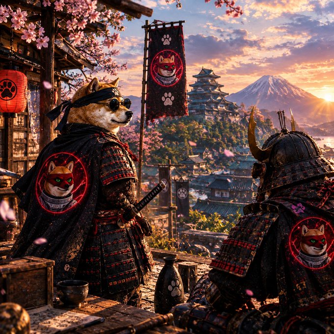 A fantasy illustration featuring two anthropomorphic Shiba Inu samurai overlooking a traditional Japanese castle with Mount Fuji in the background at sunset, decorated with paw-print banners and red lanterns.