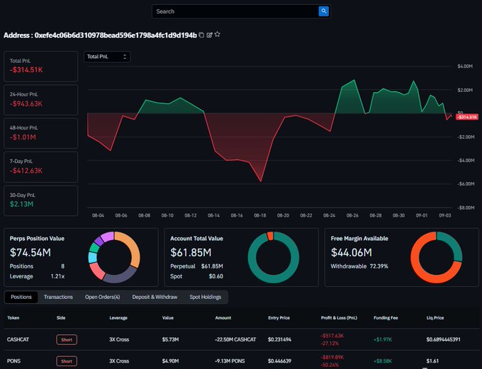 A cryptocurrency trading dashboard displays a wallet address starting with "0xefe4c0b6b3d310978bead596e17984fc1d9d194b" with total PnL at -$314.51K, showing positions in CASHCAT and PONS.