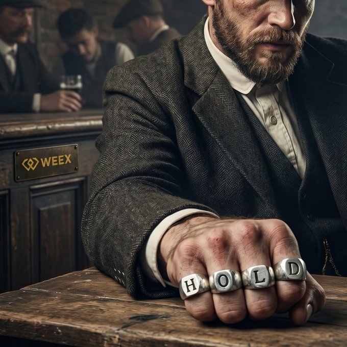 A man with a beard in a tweed jacket displays knuckle-duster rings spelling 'HOLD', with a 'WEEY' plaque visible on a wooden surface in the background.