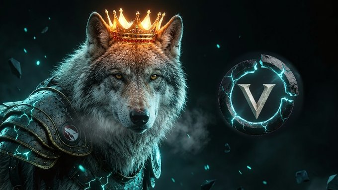 A regal wolf wearing a golden crown and glowing teal armor stands beside a circular emblem featuring a "V," tying into the "$wolffund V1" launch announcement and token integration described in the post.
