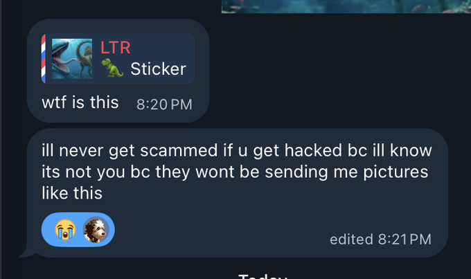 A casual text message conversation where one person shares an LTR Sticker image captioned 'wtf is this', and the other replies humorously about how they'd know if their friend got hacked based on the pictures sent.