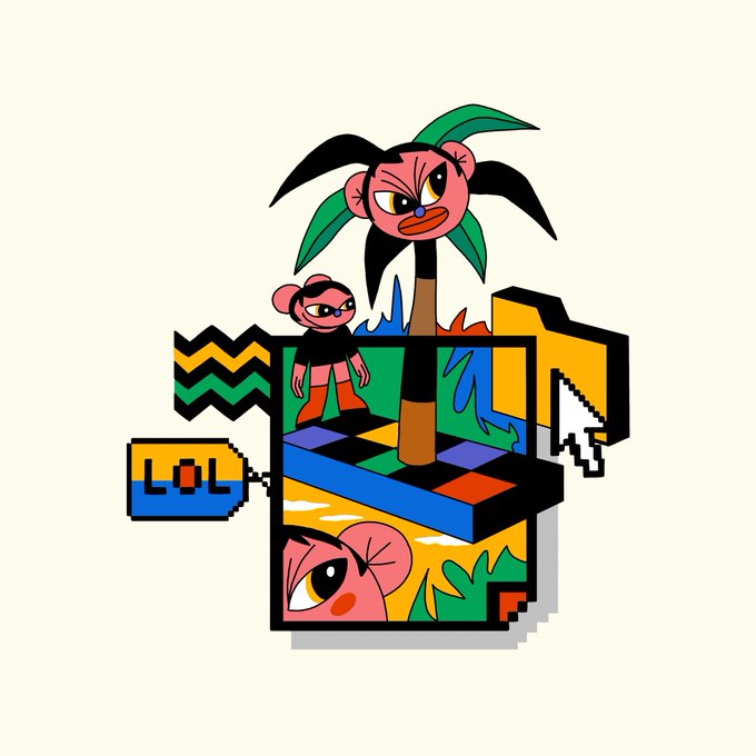 A colorful stylized illustration depicts a character on a palm tree above a stacked box scene with abstract shapes, foliage, and a digital "LOL" sign.