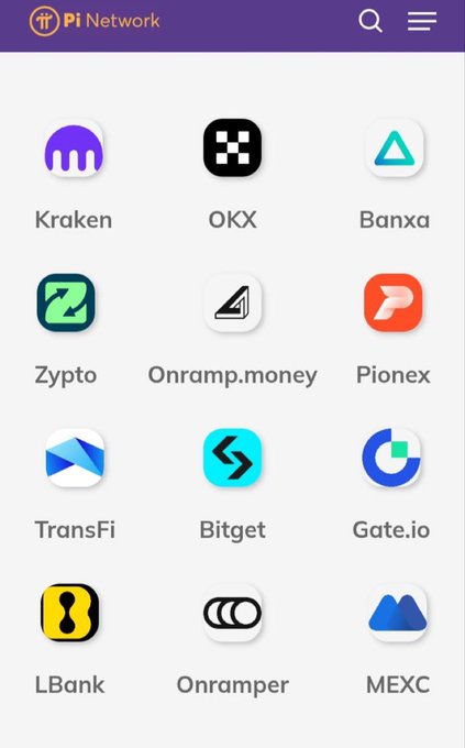A screenshot from the Pi Network app displays a grid of 12 KYB-verified exchange platforms including Kraken, OKX, Banxa, Zypто, Onramp.money, Pionex, TransFi, Bitget, Gate.io, LBank, Onramper, and MEXC, matching the post's announcement of officially verified businesses where Pi can be traded.