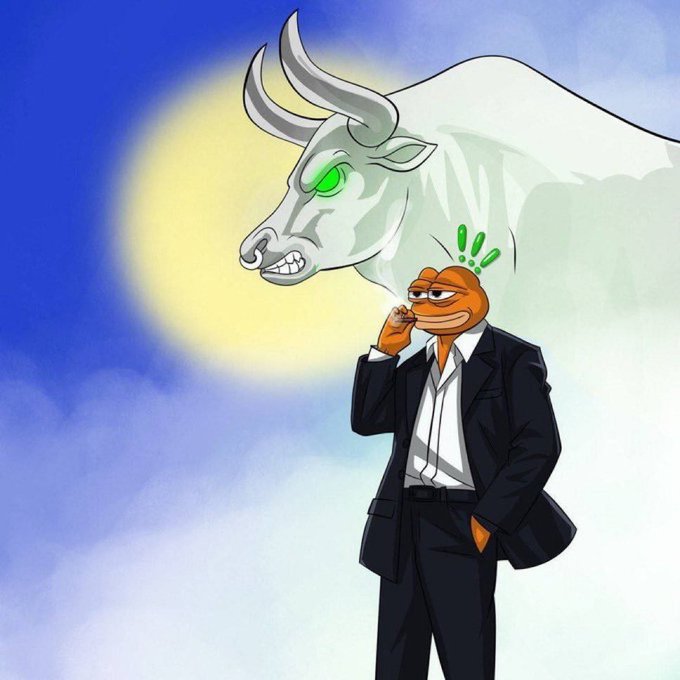 An illustration of a Pepe the Frog character in a business suit smoking, with a menacing green-eyed white bull appearing as his spirit/halo behind him against a blue and yellow background.