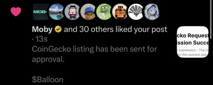 An Instagram-style notification showing 'Moby and 30 others liked your post' about a CoinGecko listing sent for approval, tagged '$Balloon'.