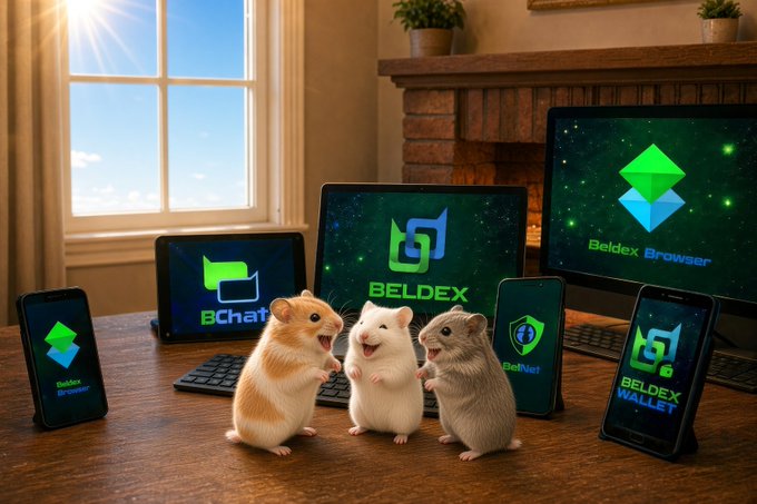 Three small hamsters stand upright on a wooden table in front of multiple devices displaying Beldex's ecosystem, including the "BChat" tablet, "Beldex Browser" monitor, and "BELDEX WALLET" phone screens. The image visually represents Beldex's privacy-focused blockchain suite spanning messaging, browsing, and wallet services, while the playful hamsters add a lighthearted touch to the tech demonstration.