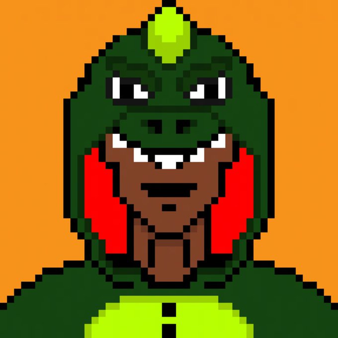 A pixel art illustration of a green reptilian creature with red eyes, white fangs, and a red collar against a solid orange background.