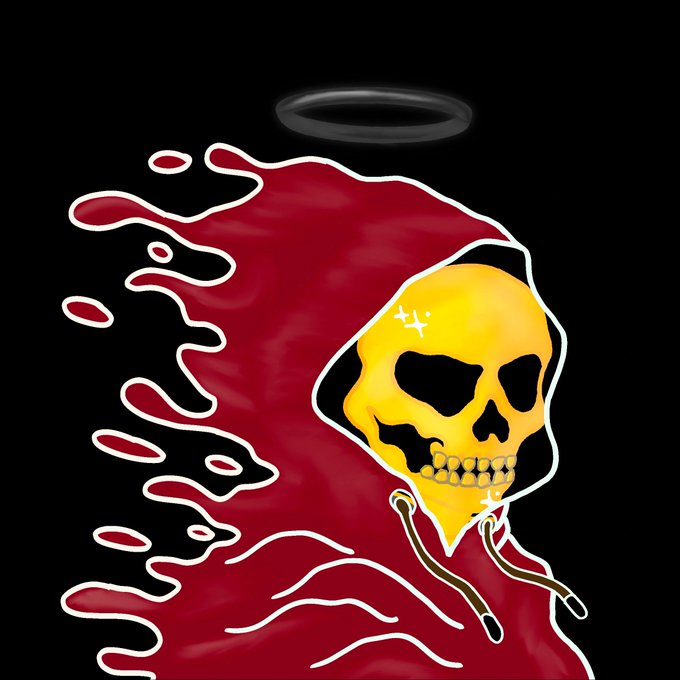 A stylized illustration of a yellow skull wearing a flowing red hooded cloak with a black halo above its head, set against a black background.