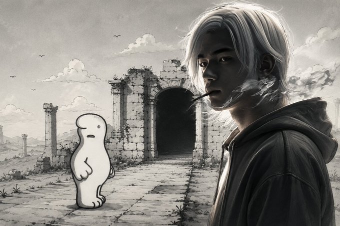 A grayscale illustration showing a white-haired character smoking near a stone ruin, with a small white blob-like figure standing nearby.