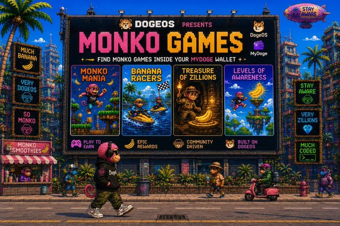 A vibrant, pixel-art style billboard advertises 'DOGEOS PRESENTS MONKO GAMES' featuring various game tiles like 'MONKO MANIA,' 'BANANA RACERS,' and 'TREASURE OF ZILLIONS' above a street scene with monkey characters.