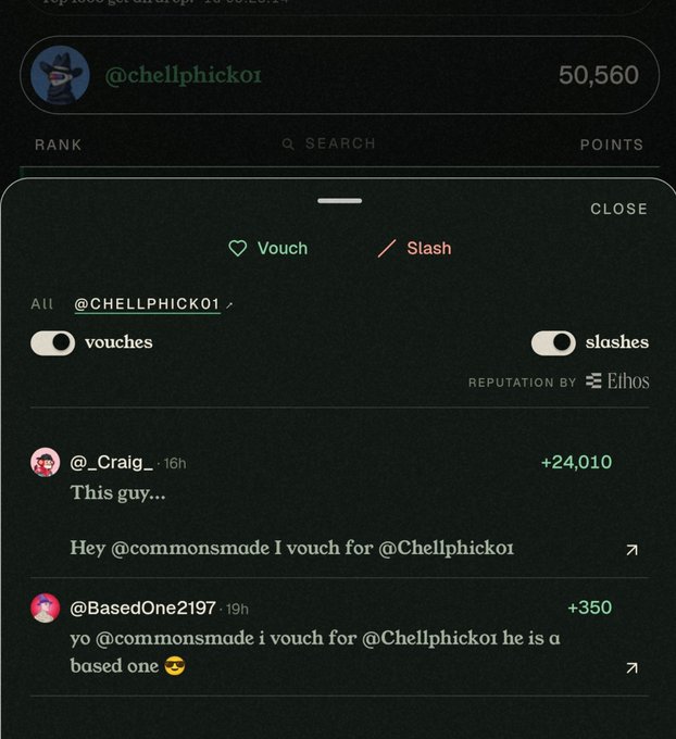 A user profile screen for @chellphickor showing a points total of 50,560, with vouches from @_Craiq and @BasedOne2197 commending the user.