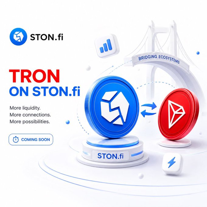 Promotional image announcing TRON's integration with STON.fi, featuring a bridge labeled "BRIDGING ECOSYSTEMS" connecting STON.fi's blue token to TRON's red token, with text reading "TRON ON STON.fi — More liquidity. More connections. More possibilities." and a "COMING SOON" tag. The visual reinforces the post's theme by highlighting STON.fi as a cross-chain DEX expanding its reach beyond the TON ecosystem into additional networks like TRON.