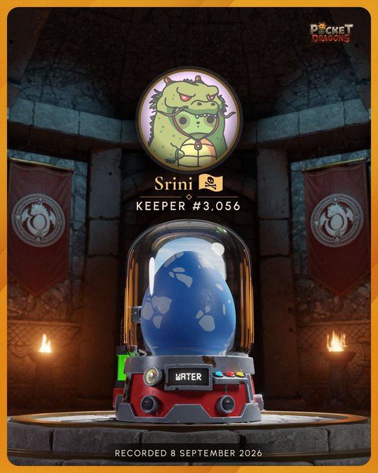 A 'Pocket Dragons' digital collectible featuring 'Srini' as KEEPER #3,056 with a green dragon-like creature, displayed above a gumball-style machine containing a blue water egg, recorded 8 September 2026.