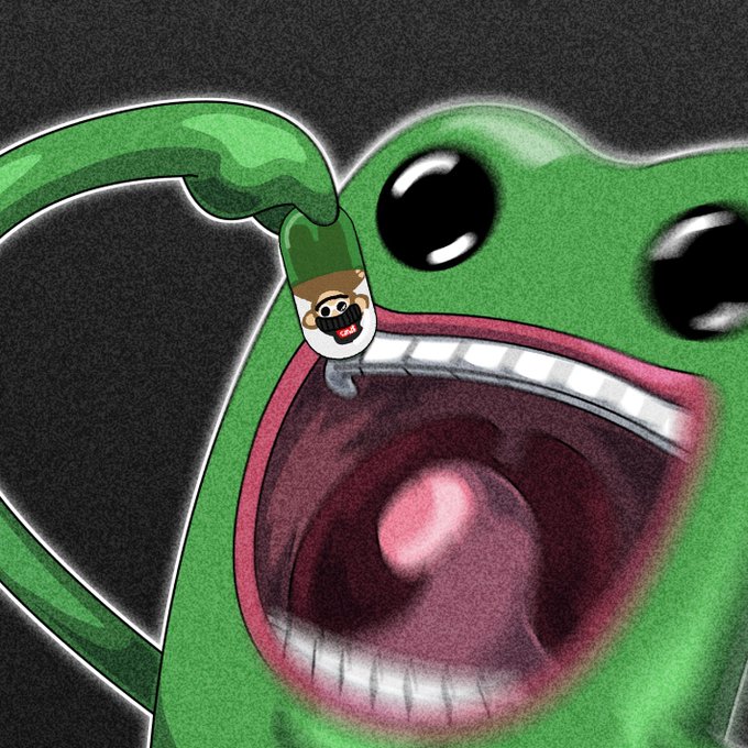 An illustrated green frog-like creature with a wide-open mouth and large black eyes, with a small character peeking out from its green claw-like hand.