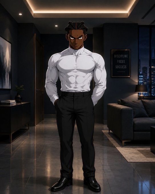 An anime-style muscular man stands confidently in a modern, dimly lit apartment, wearing a fitted white button-up shirt and black dress pants, with a framed sign behind him reading "DISCIPLINE FOCUS SUCCESS"—reinforcing the post's message of prayer and determination to win.